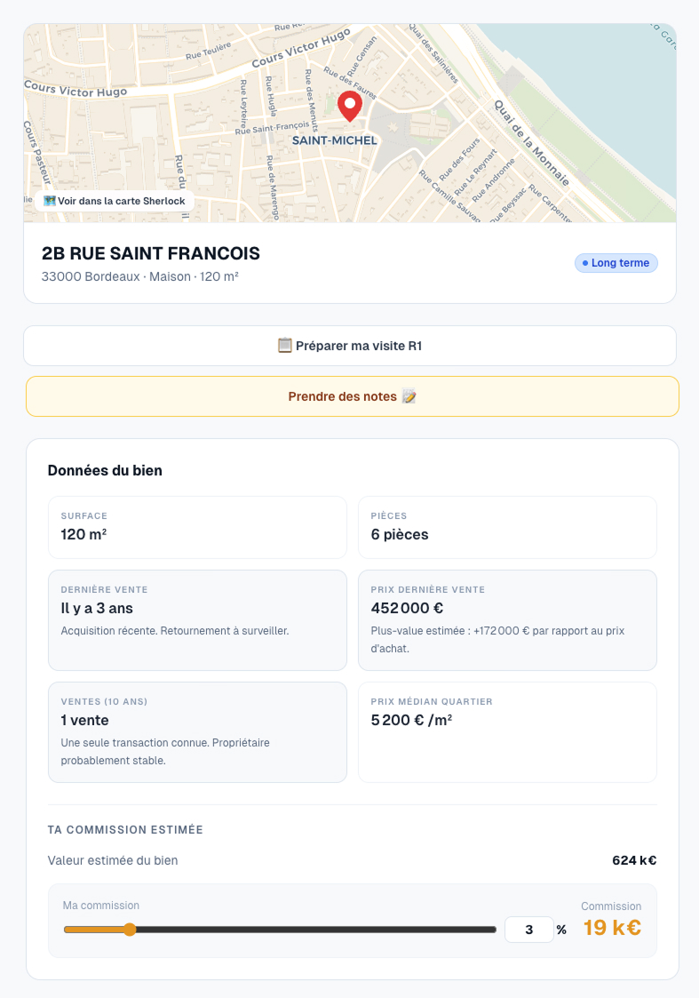 Fiche bien Sherlock Homes — données et simulateur commission