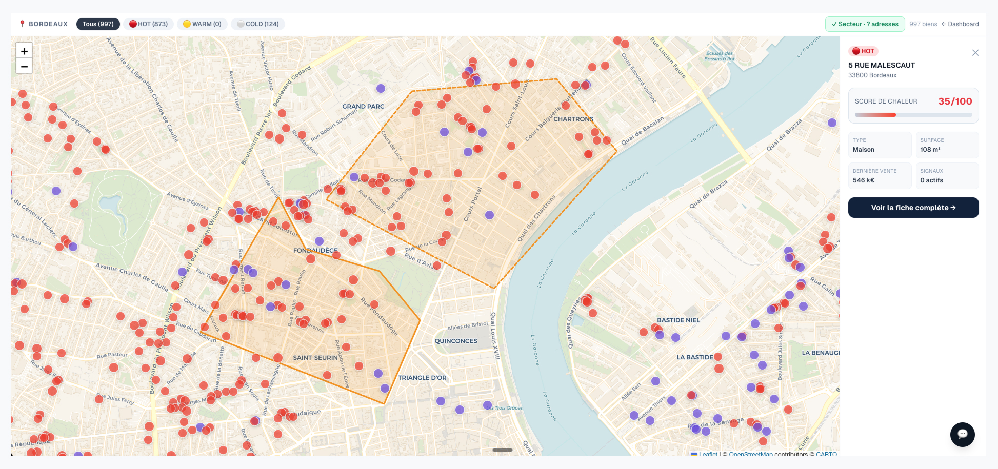 Carte de chaleur Bordeaux — biens chauds en rouge